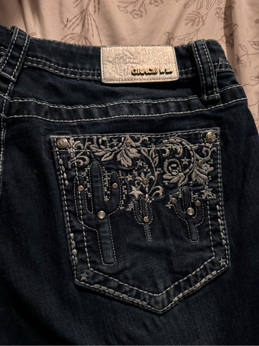 Grace in LA Dark Blue Bootcut Jeans with Embroidered Cactus Pocket